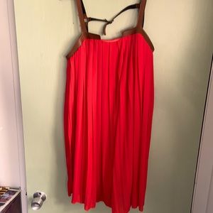 Orange/red mini dress with brown leather trim